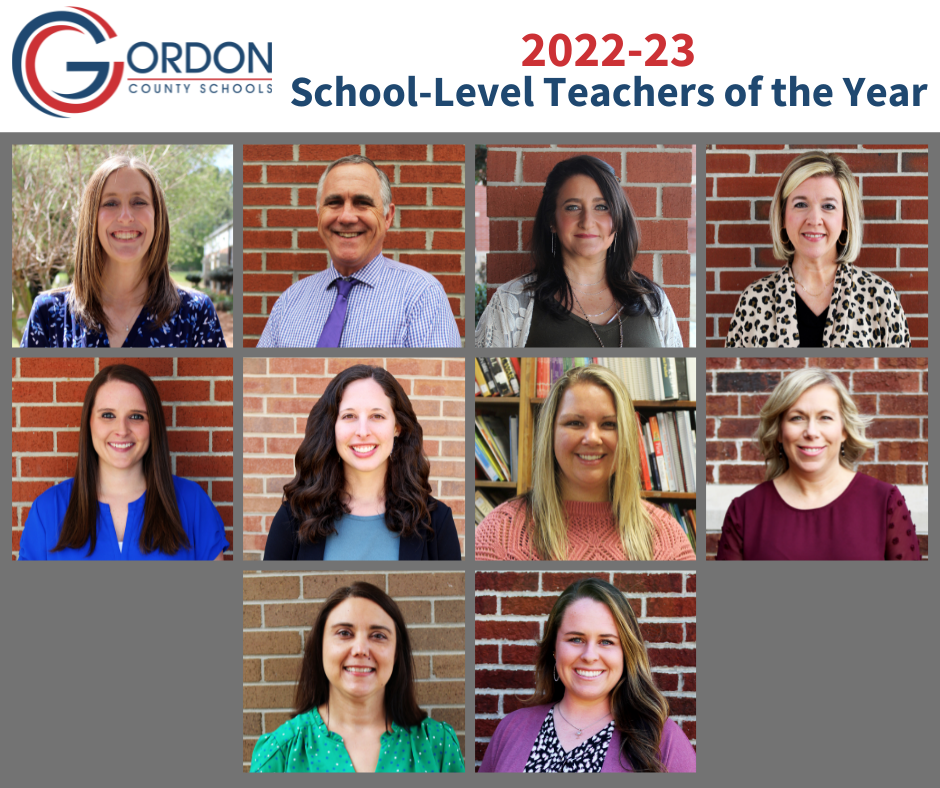 GCS Logo. 2022-23 School-Level Teacher of the Year. 10 Headshots of all 10 GCS teachers of the year.