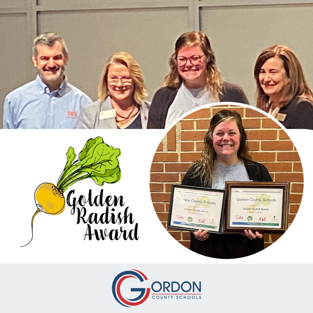 Nicole Head holds the Golden Radish Award earned by Gordon County Schools