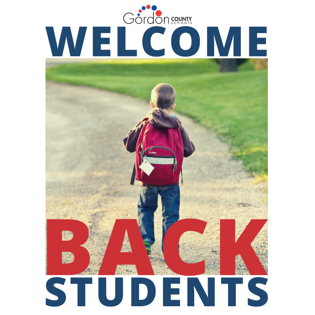 GCS Logo. Picture of boy walking with a book bag. "Welcome Back Students"