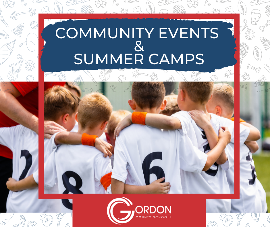 Community Events and Summer Camps - with a soccer team huddling in the background 