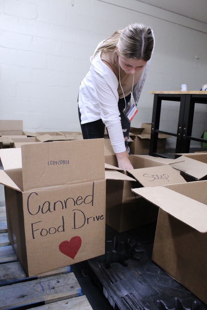 student working in a canned food drive