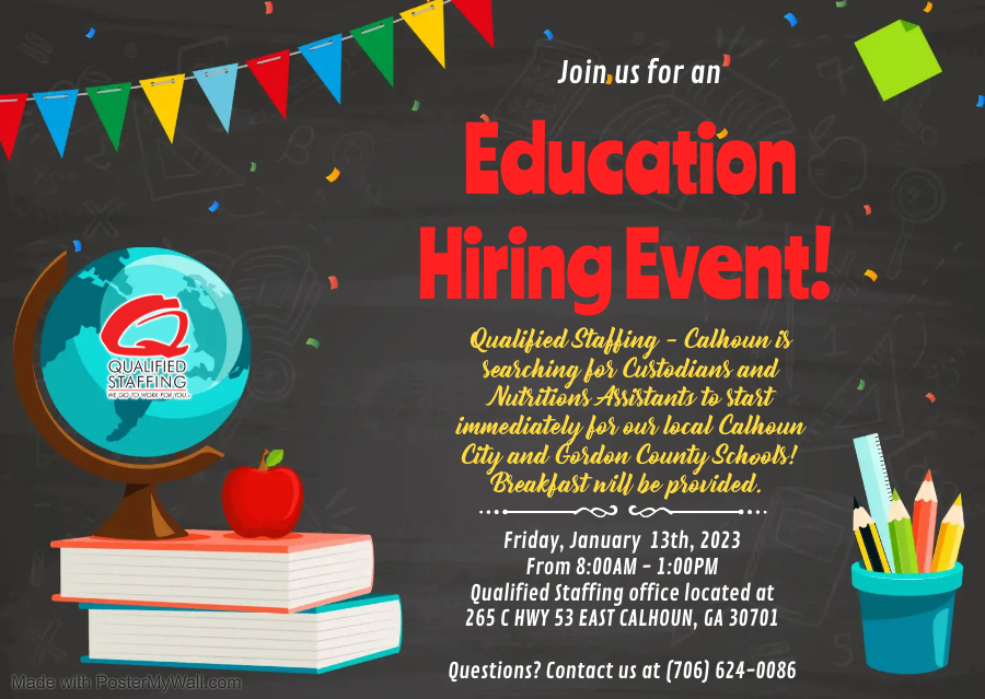 Are you interested in a career with Gordon County Schools?  Join us at the School Hiring Event hosted by Qualified Staffing on Monday, March 7 from 10:00 AM to 3:00 PM to learn more about our available positions, benefits, and opportunities!  