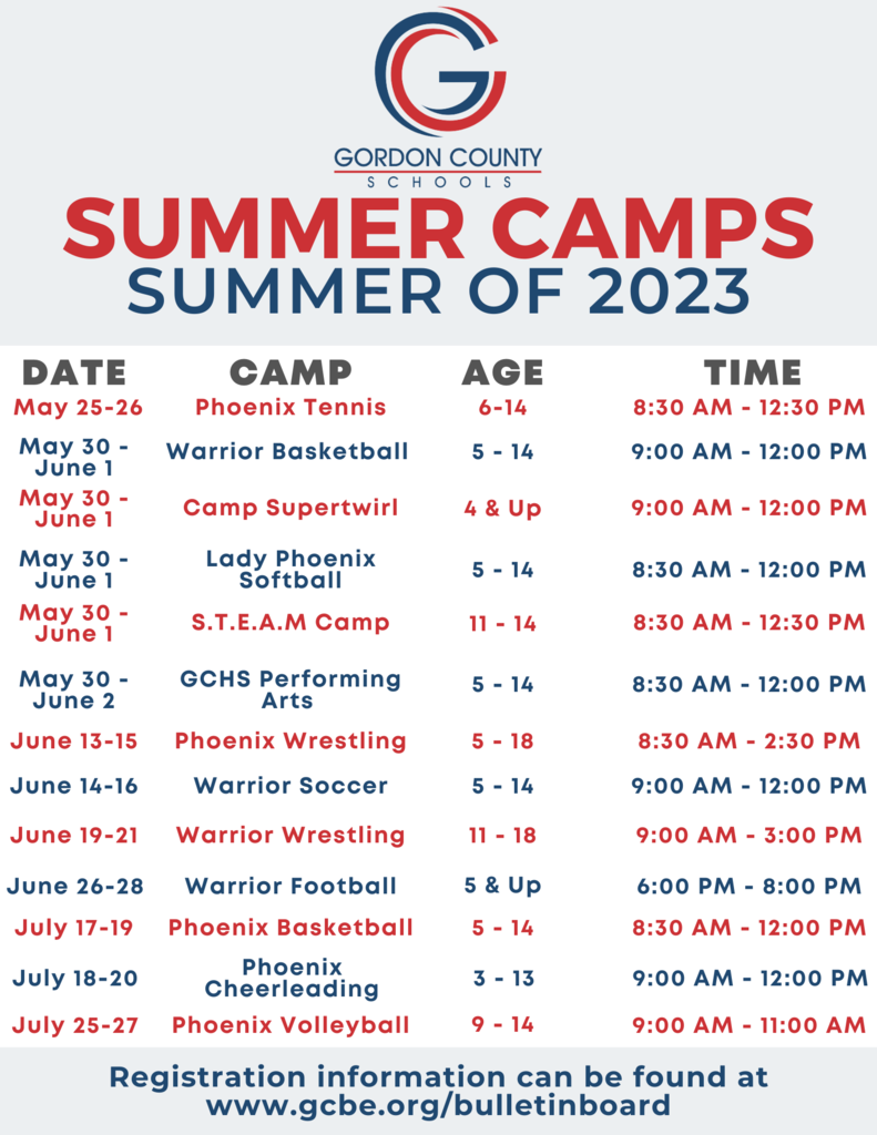 Summer Camps - Summer of 2023. All summer camps are listed on the flyer. Full details and the entire list can be found at www.gcbe.org/bulletinboard