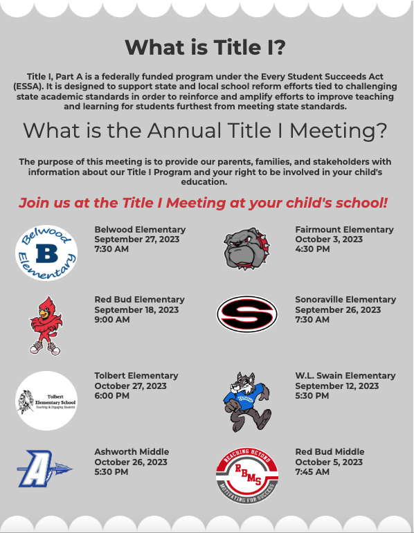 A flyer that states "What is Title I ? Title I, Part A is a federally funded program under the Every Student Succeeds Act (ESSA). It is designed to support state and local school reform efforts tied to challenging state academic standards in order to reinforce and amplify efforts to improve teaching and learning for students furthest from meeting state standards. What is the Annual Title I Meeting?  The purpose of this meeting is to provide our parents, families, and stakeholders with information about our Title I Program and your right to be involved in your child's education. " The flyer contains each schools logo and information about the upcoming date and time.